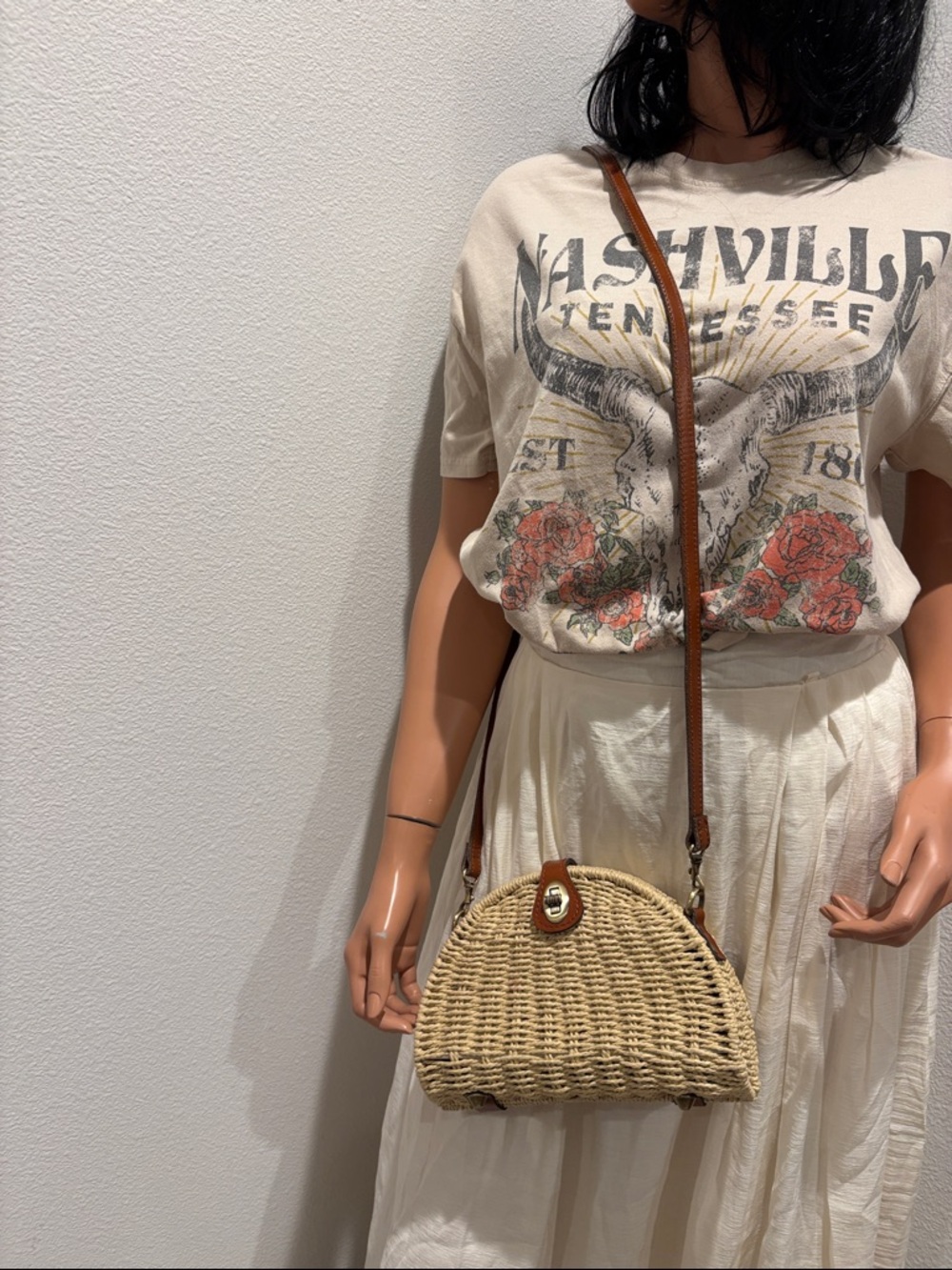Patricia Nash Natural Straw Crossbody with Brown Leather Strap